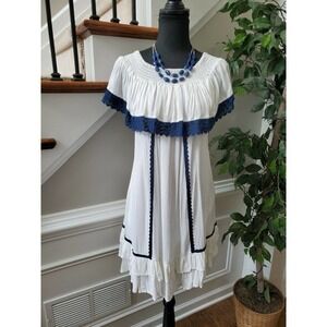 Ace Fashion Women's White & Blue 100% Rayon ShortSleeve Knee Length Dress